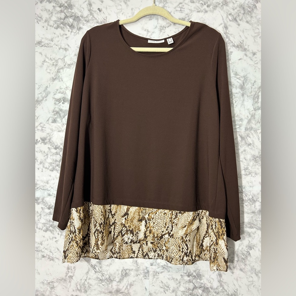 Susan Graver Brown Long Sleeve Top with Snake-Print Hem.  32